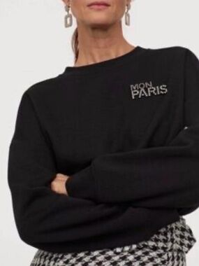 H&M Black Crew Sweater with 'MON PARIS' Chest Embroidery